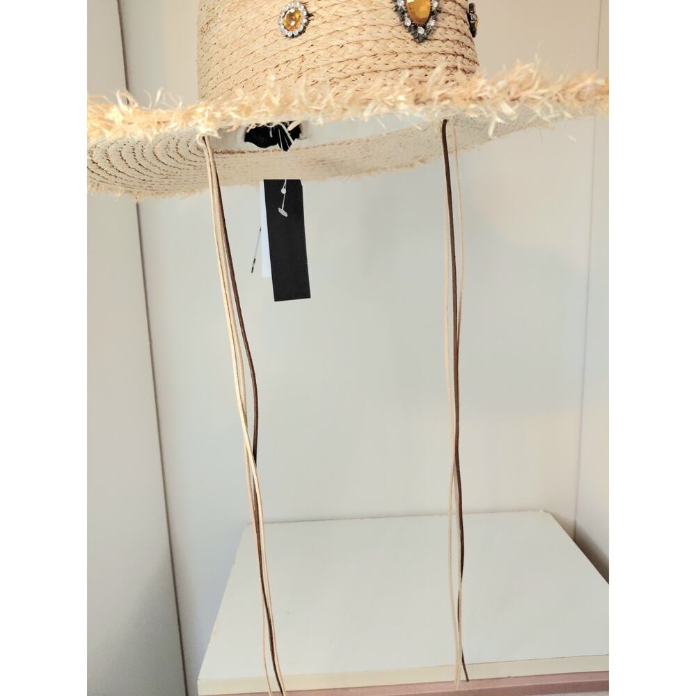 Steve Madden Embellished Straw Sun Hat Frayed Wide Brim Jeweled Boho Beach O/S - Picture 5 of 13